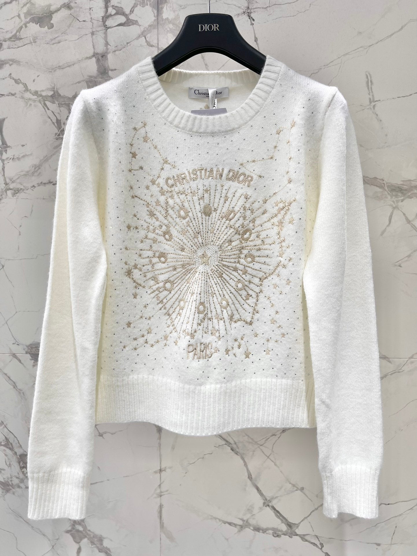 Embroidered rhinestone knit sweater