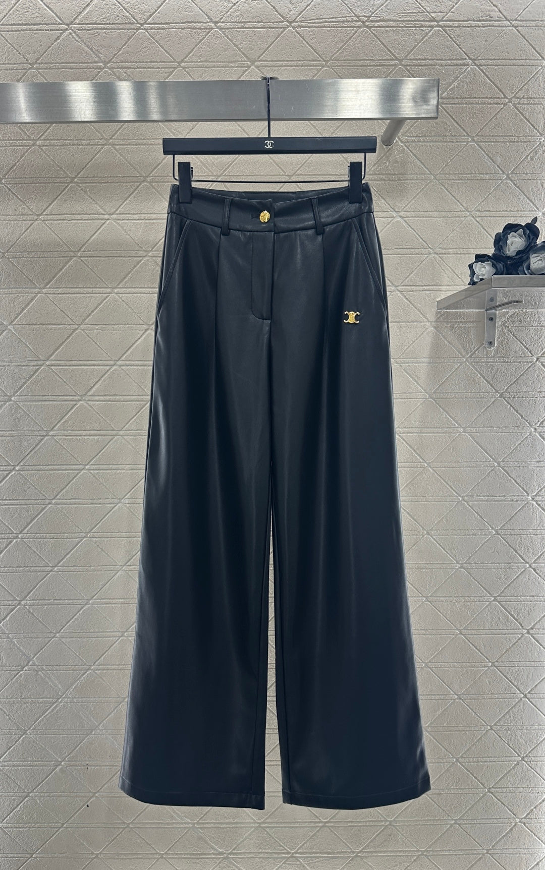 Logo-embossed wide-leg straight leather pants