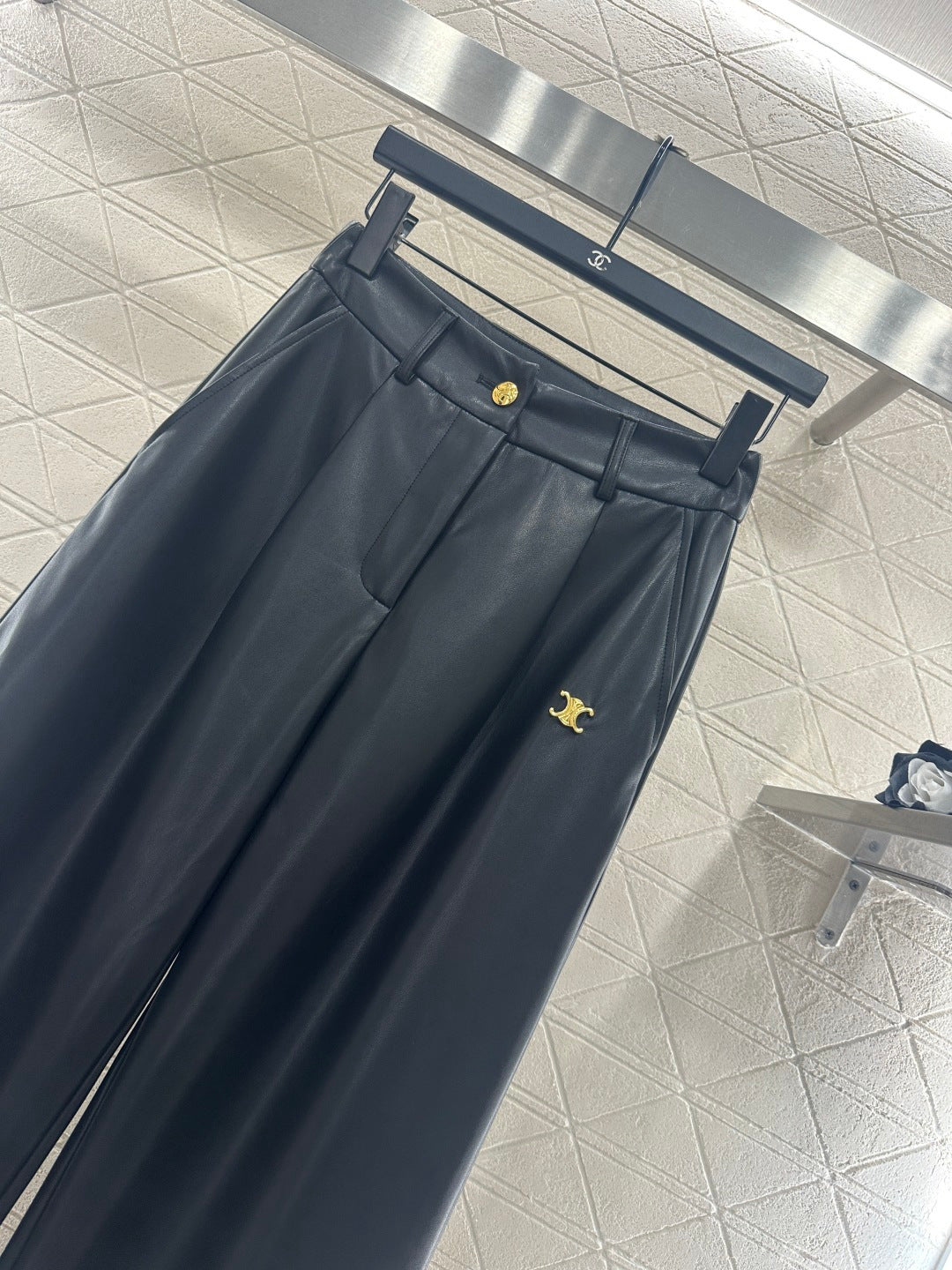 Logo-embossed wide-leg straight leather pants