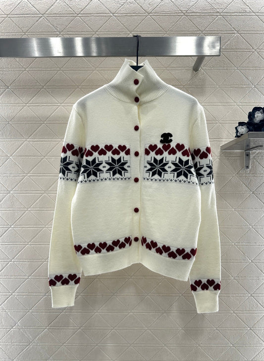 High-neck Fair Isle cardigan sweater