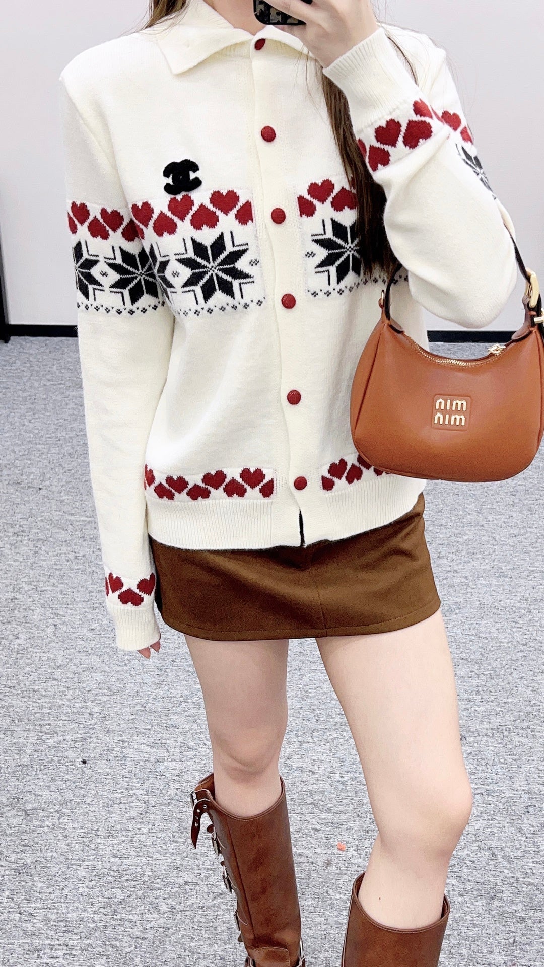 High-neck Fair Isle cardigan sweater