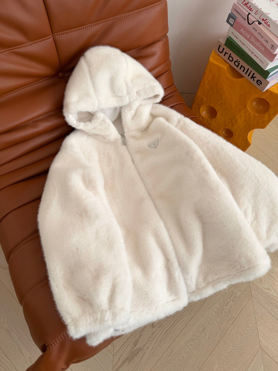 Hooded eco-friendly faux fur coat