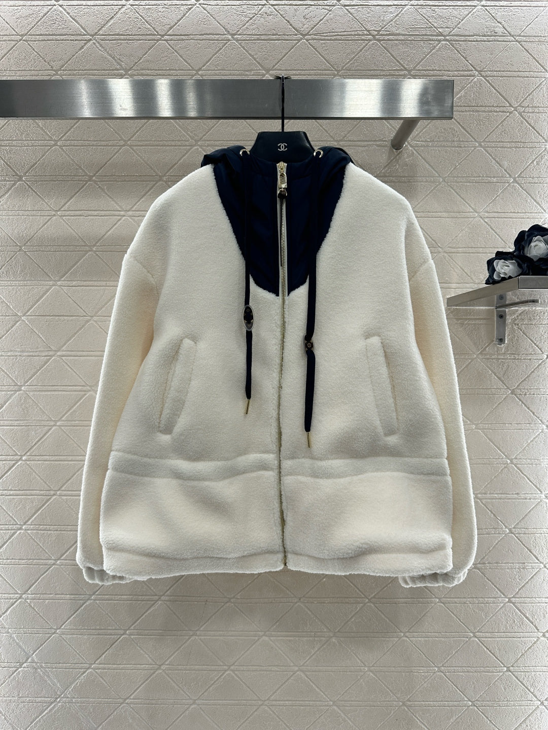 Hooded color-block teddy coat