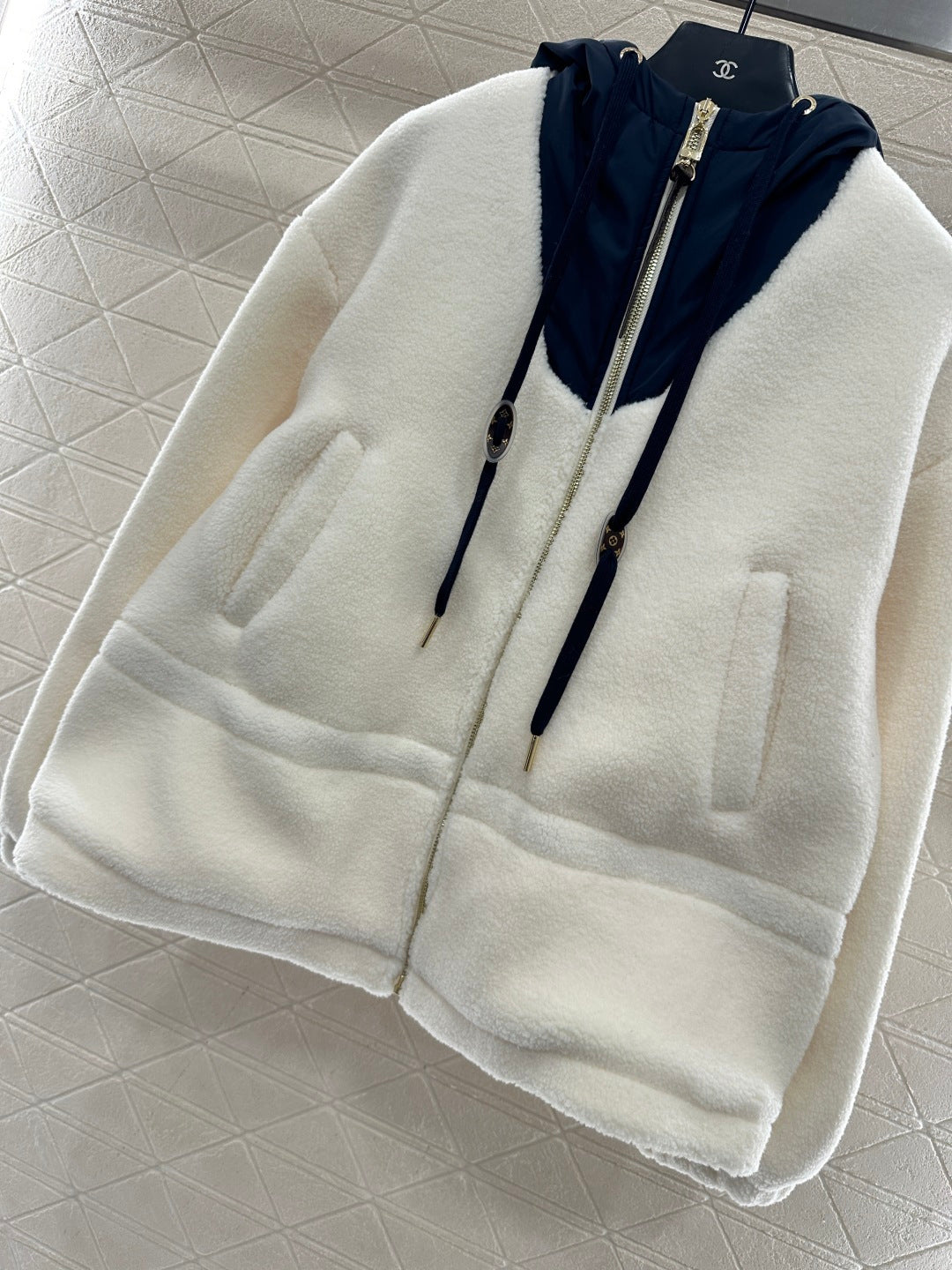 Hooded color-block teddy coat