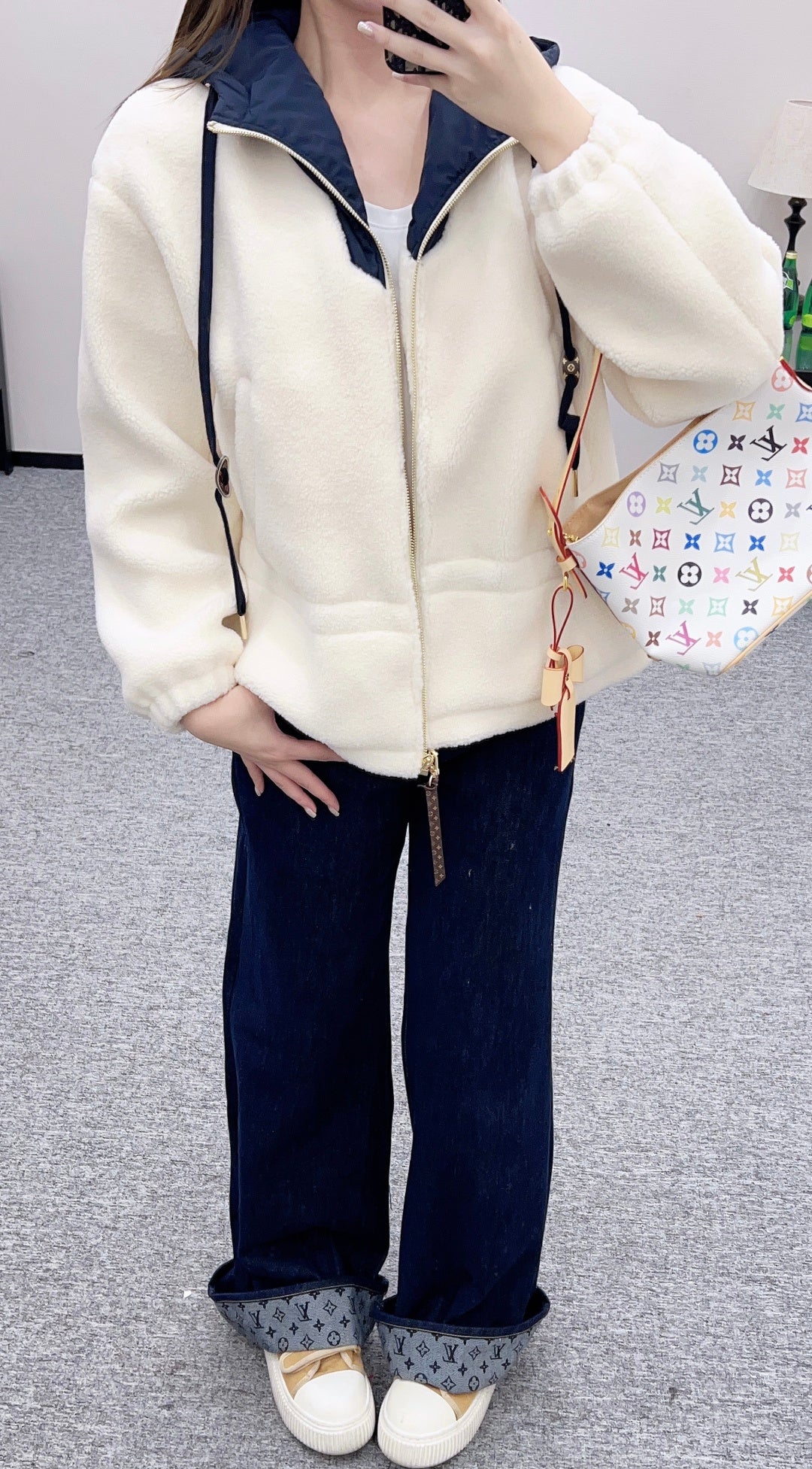 Hooded color-block teddy coat