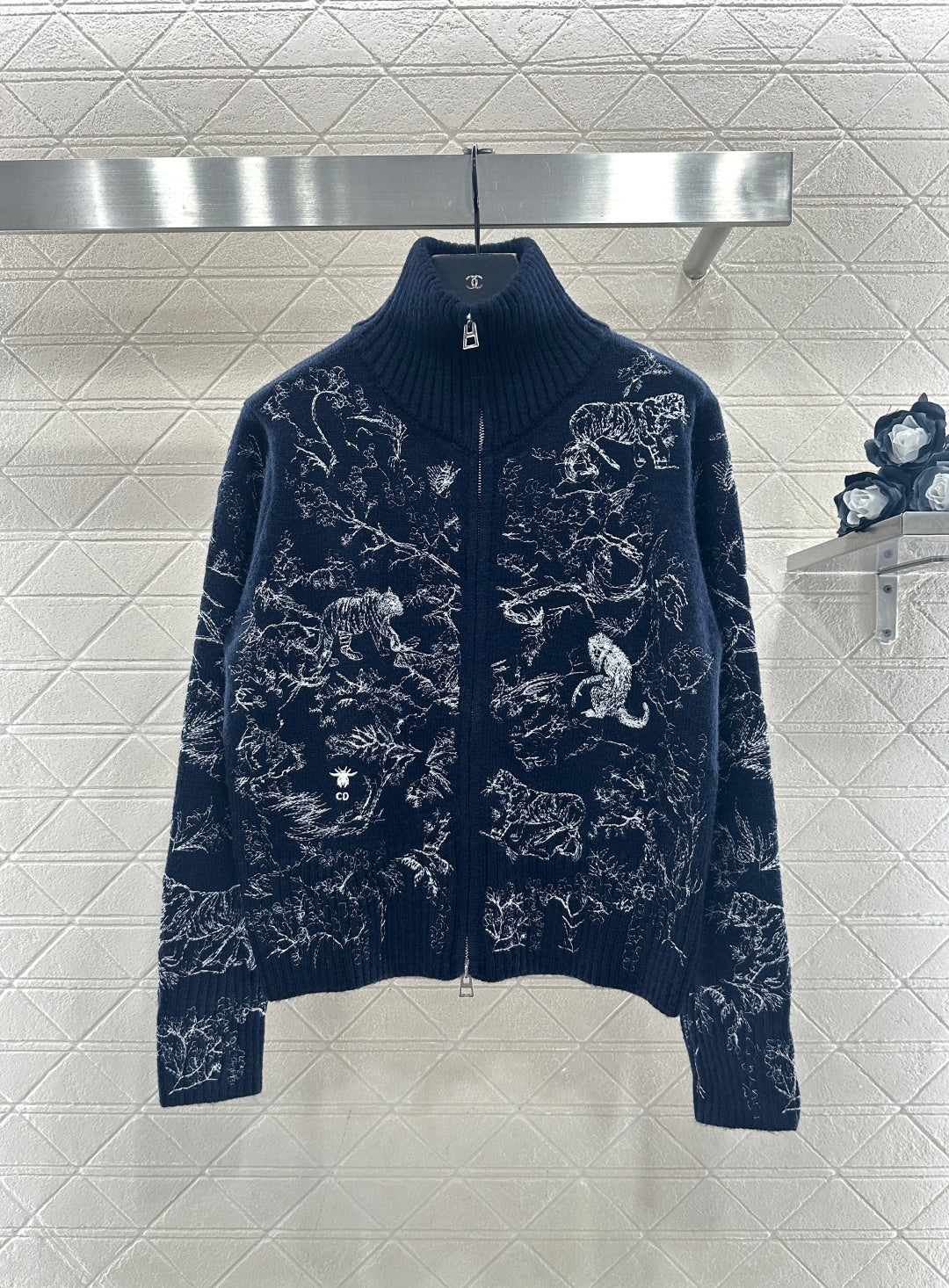 Embroidered jacquard knit zip-up jacket