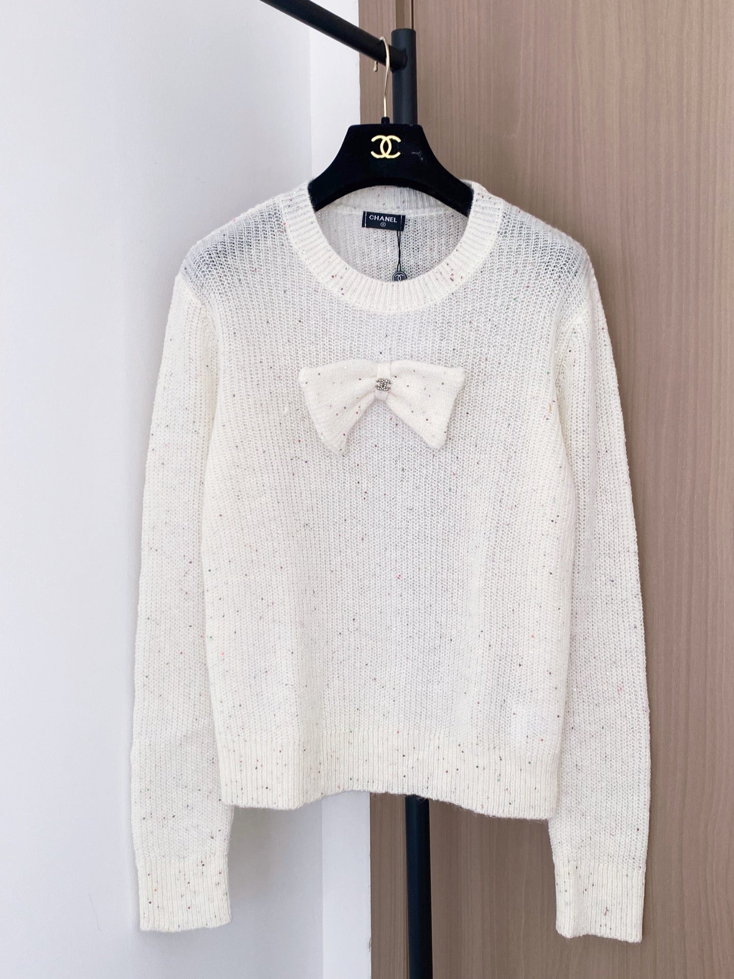 Bowknot sequined knitted long-sleeved top