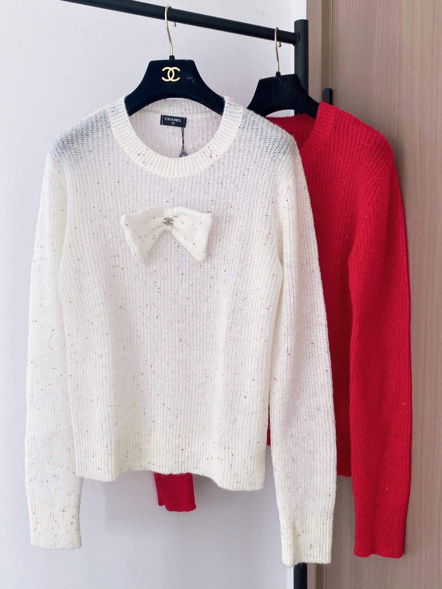 Bowknot sequined knitted long-sleeved top