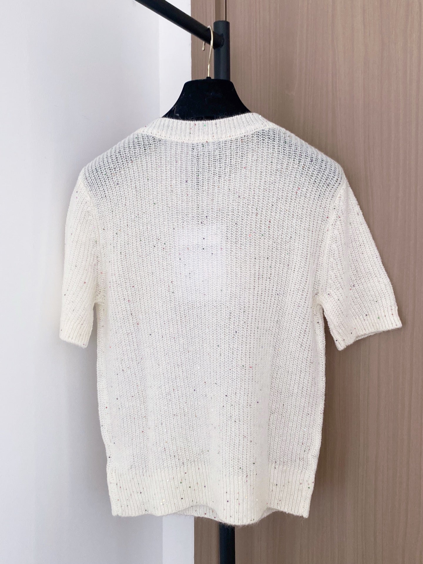 Bowknot sequined knitted short-sleeved top