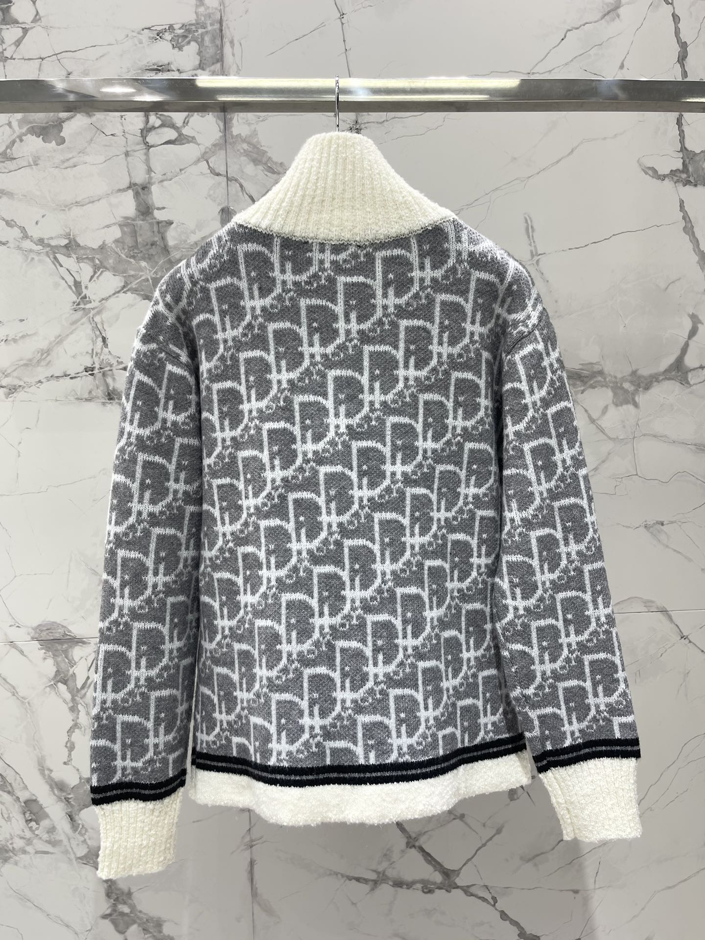High-neck printed wool knit cardigan