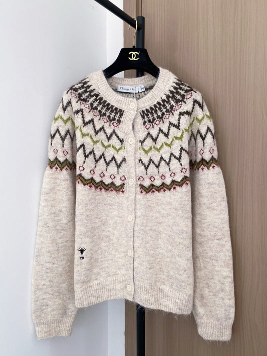 New contrasting color diamond pattern knitted cardigan