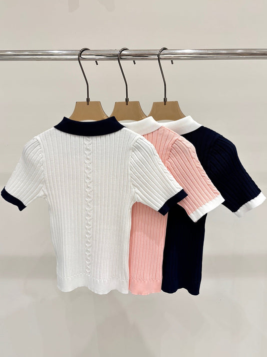 2026 new arrival, lapel collar, color-block knitted short-sleeved top.