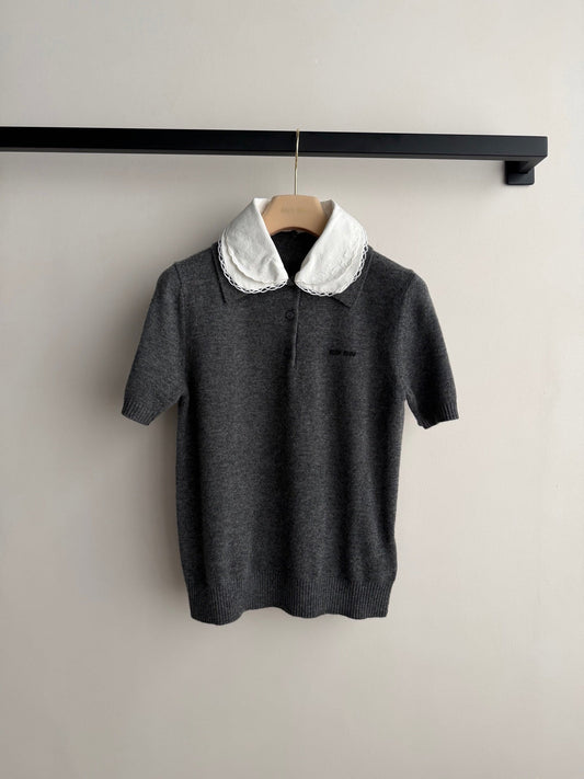26 Detachable lace-trimmed shirt collar knit short-sleeved top