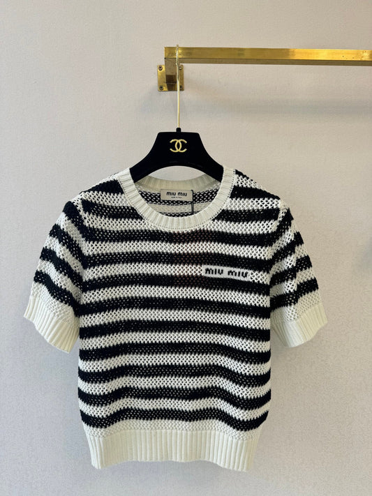 26 New Color Block Striped Hollow-Out Knit T-Shirt