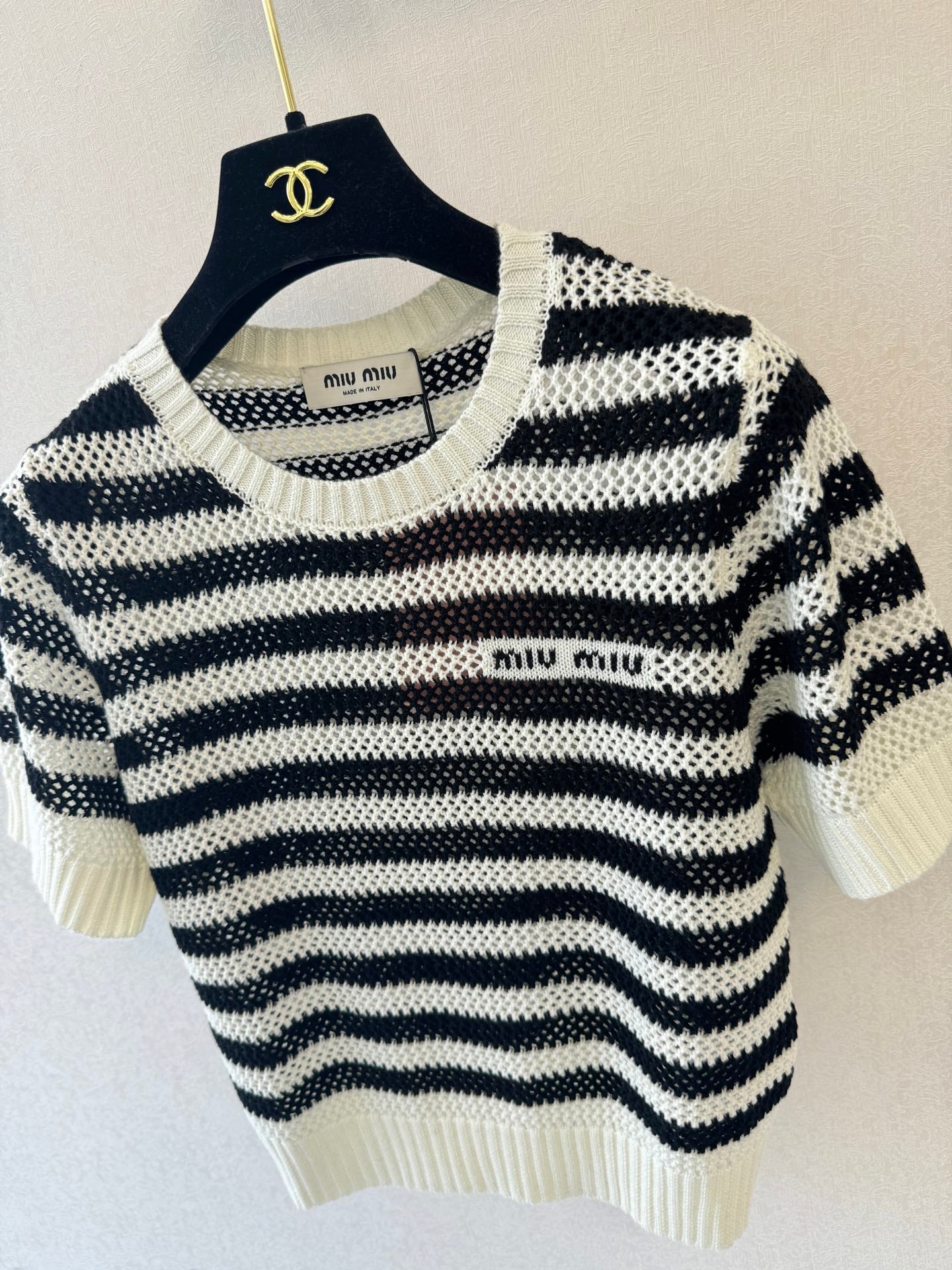 26 New Color Block Striped Hollow-Out Knit T-Shirt