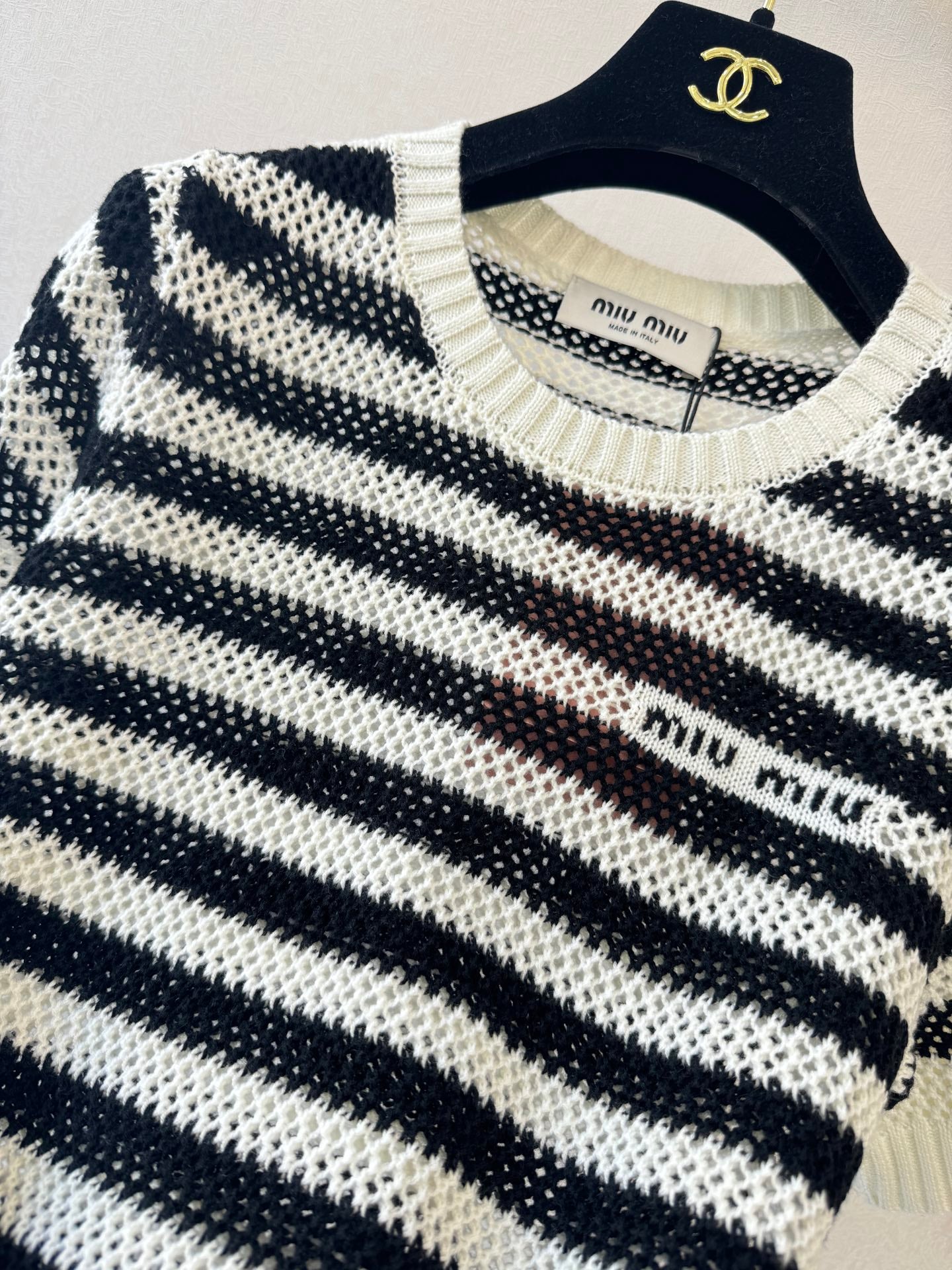 26 New Color Block Striped Hollow-Out Knit T-Shirt