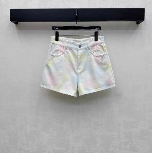 26ss tie-dye beaded denim shorts