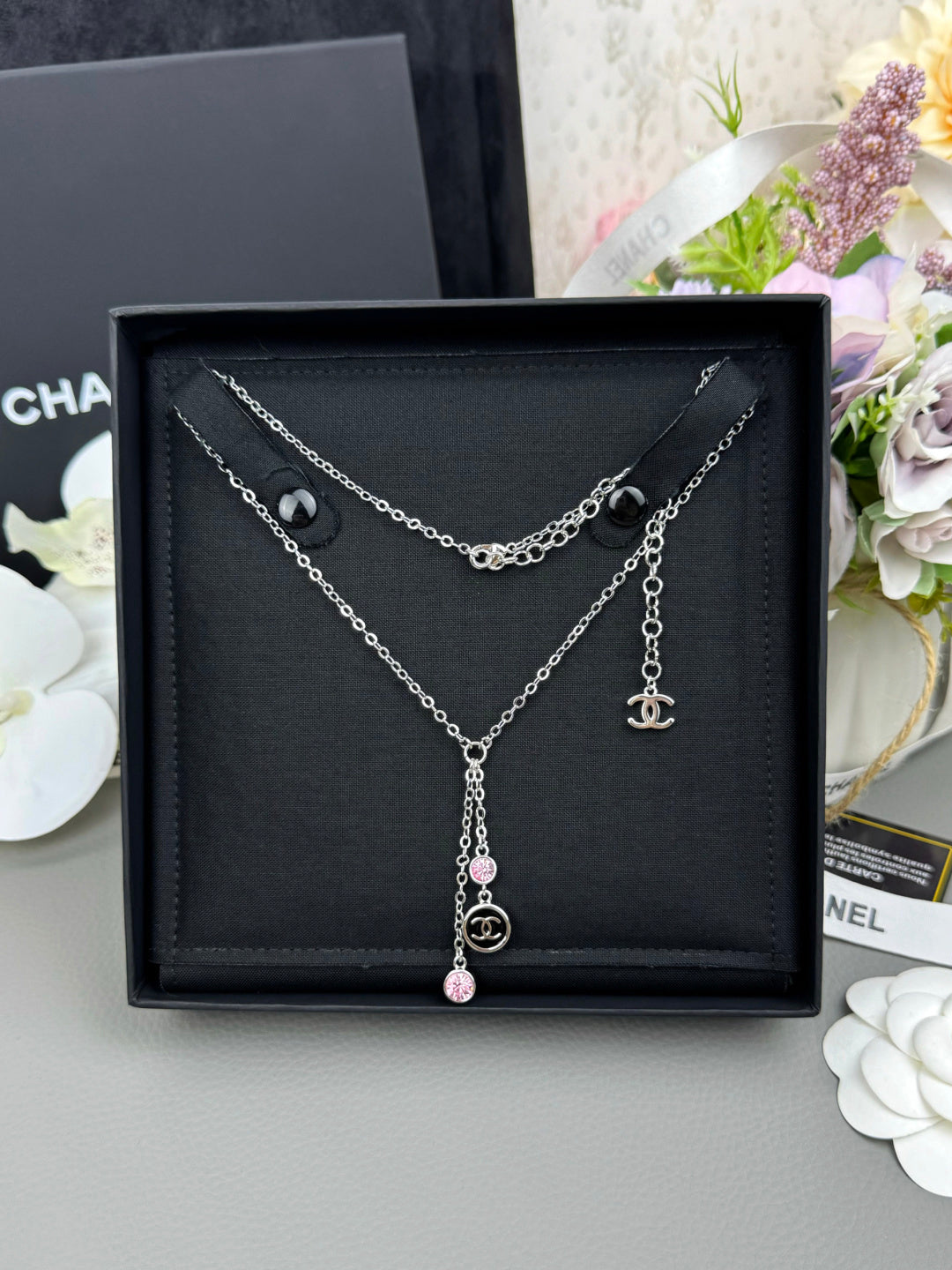 New pink rhinestone tassel pendant necklace