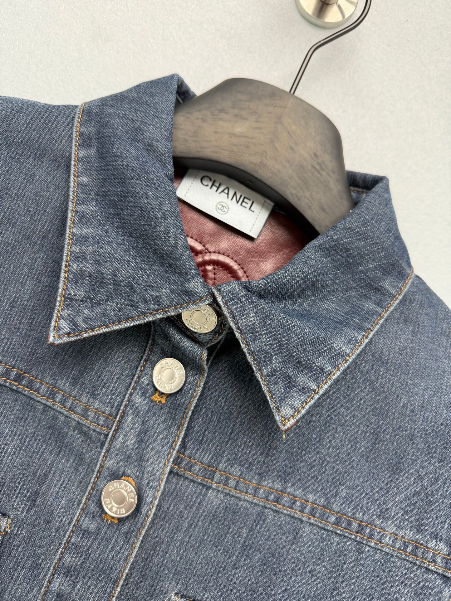 26FW New Burgundy Leather Collar Denim Jacket