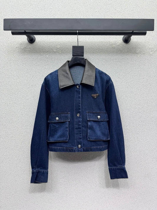 26FW New Denim Jacket with Leather Collar