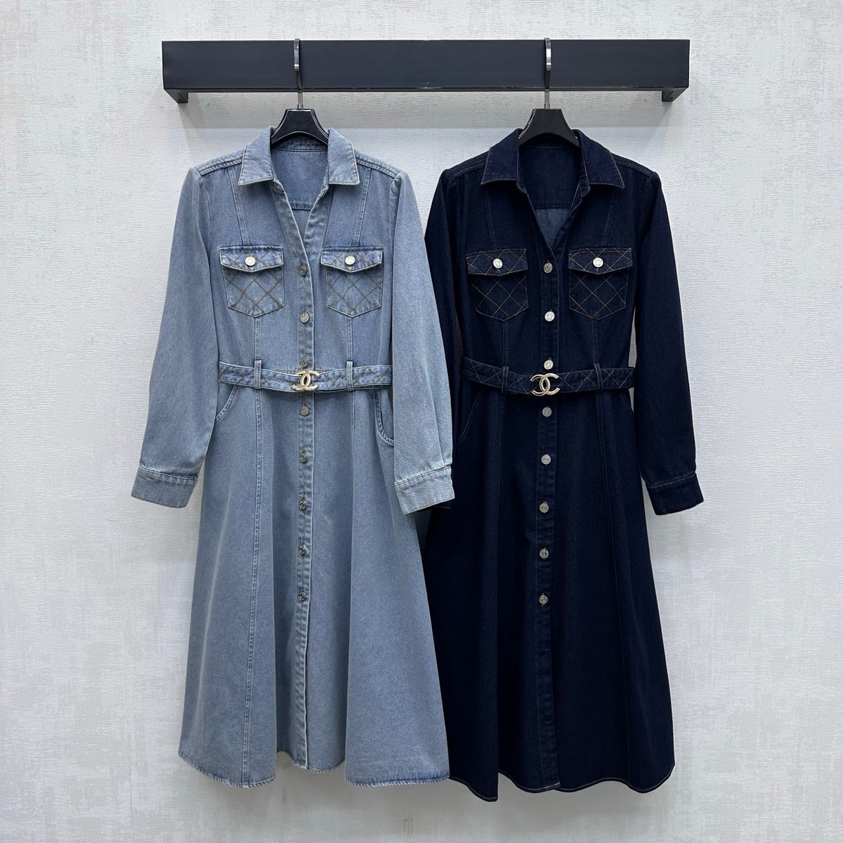 26FW New Quilted Waist-Defining Denim Dress
